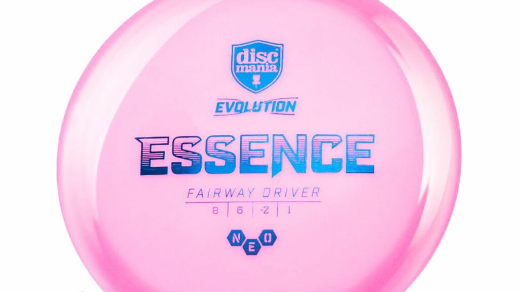 A pink Discmania evolution neo essence fairway driver with blue stamp